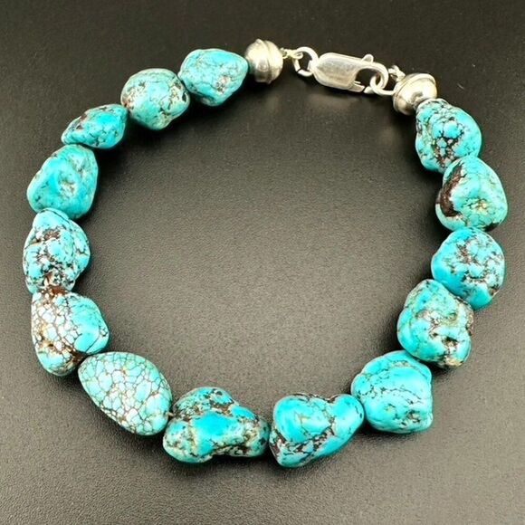 Big Chunky Turquoise Nugget Stone Bead Sterling Silver Bracelet Size 7 - 7 1/4 - Picture 1 of 5